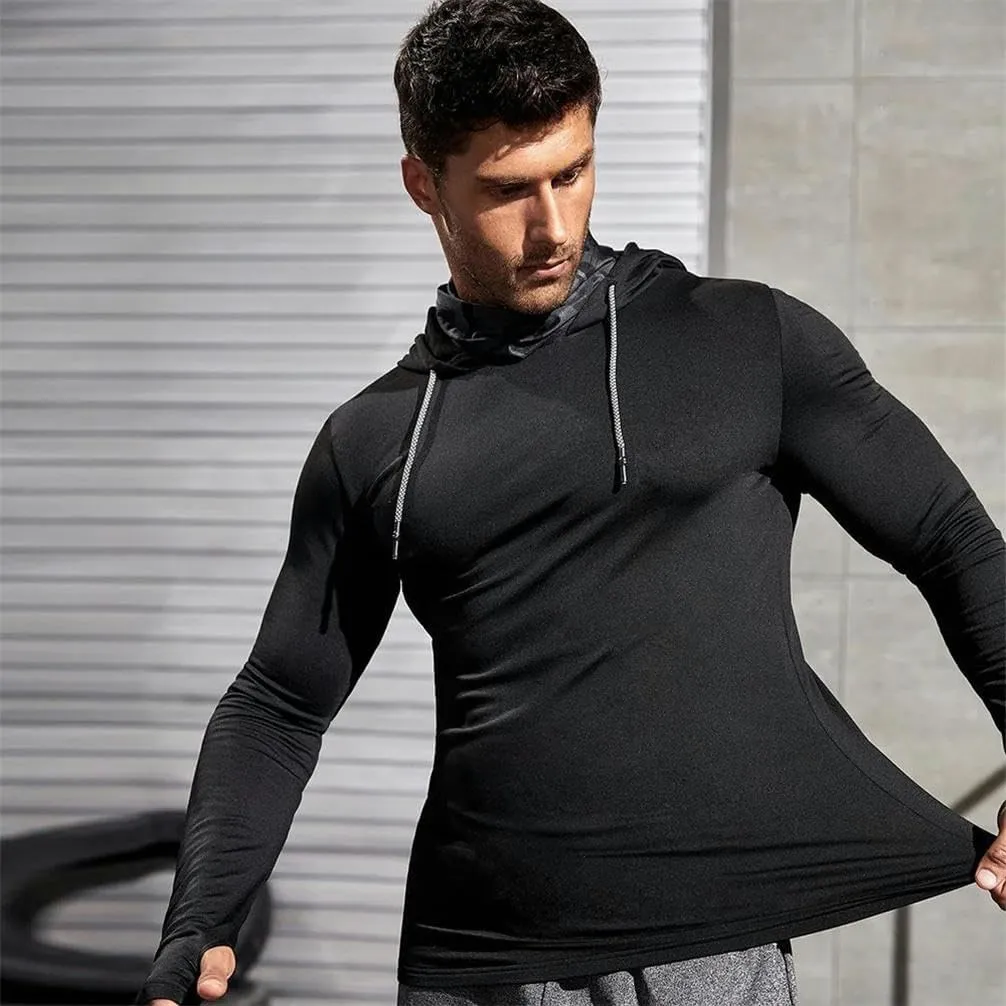 Men's gym thin hoodie long sleeve top with face mask sweatshirt casual patchwork hooded sweatshirt