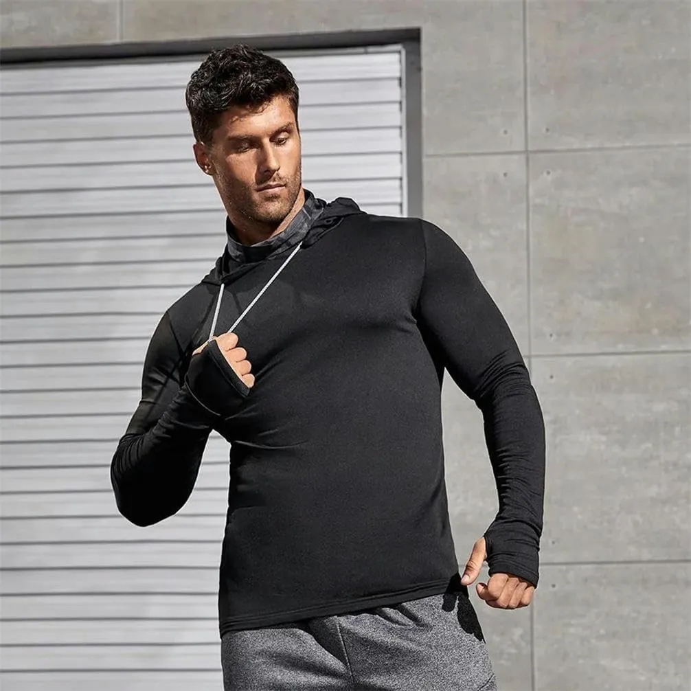 Men's gym thin hoodie long sleeve top with face mask sweatshirt casual patchwork hooded sweatshirt