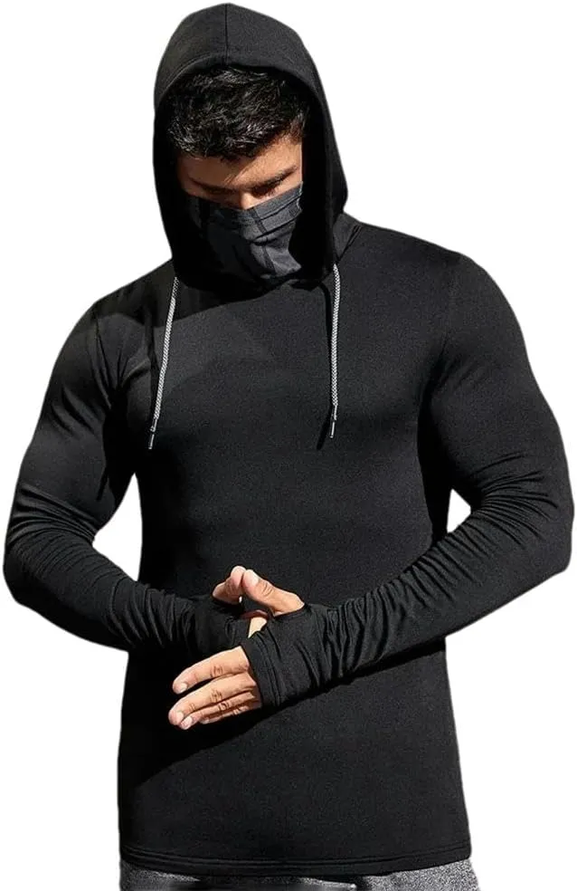 Men's gym thin hoodie long sleeve top with face mask sweatshirt casual patchwork hooded sweatshirt