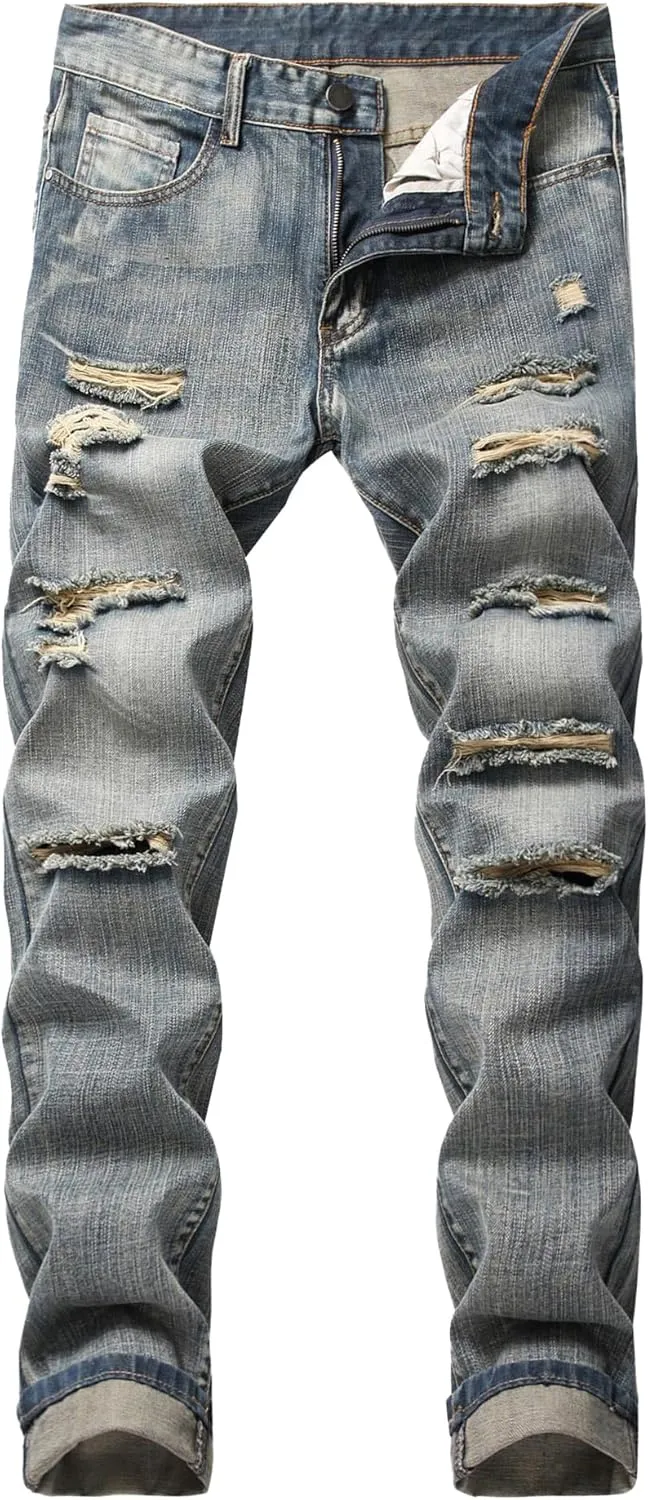 Men's Jeans Slim Fit Stretch Skinny Ripped Jeans for Men Stacked Distressed Straight Pants