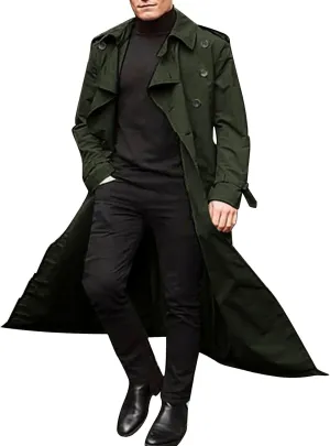 Mens Long Trench Coat Double Breasted Lightweight Windbreaker Casual Fall Winter Thermal Outdoor Jacket Overcoat