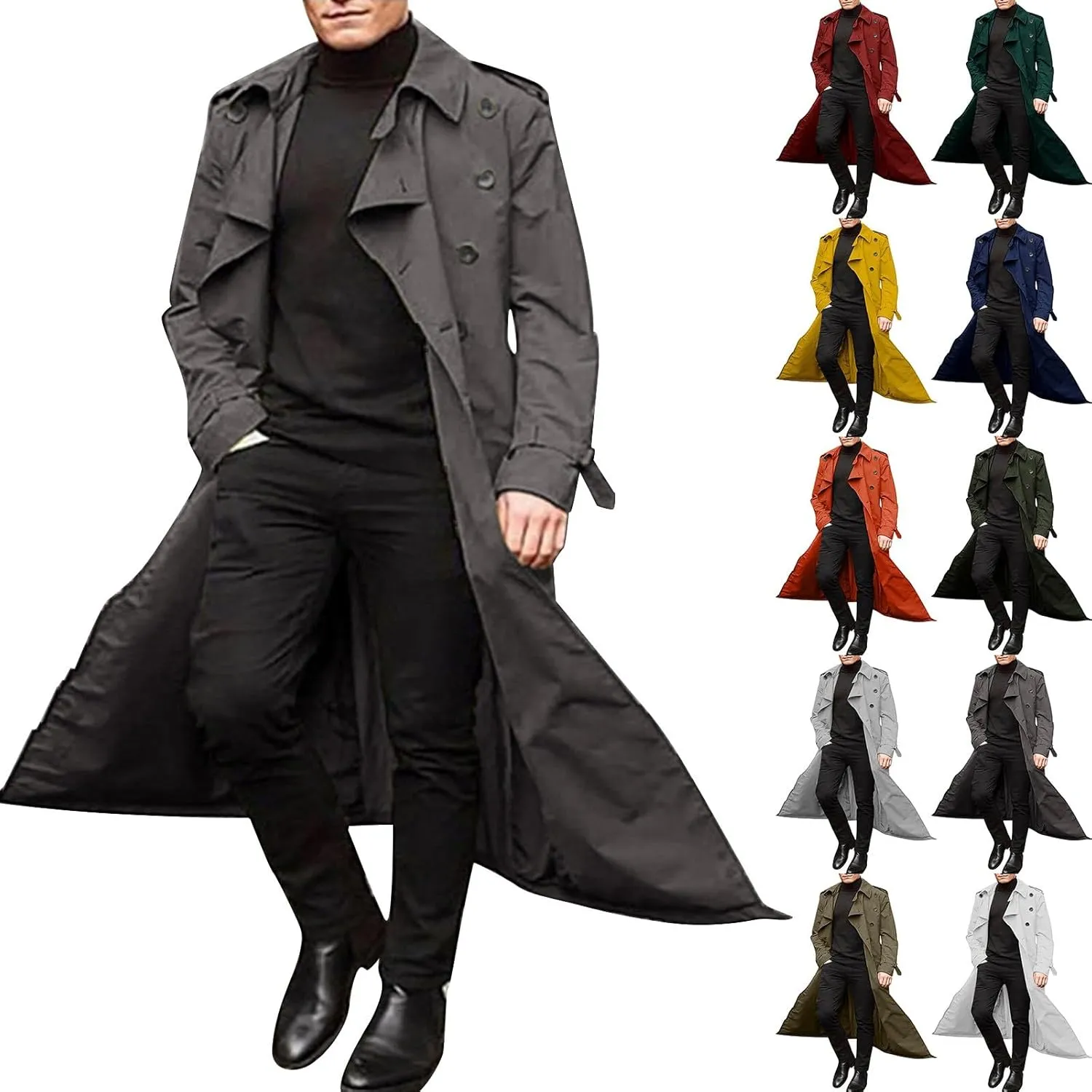 Mens Long Trench Coat Double Breasted Lightweight Windbreaker Casual Fall Winter Thermal Outdoor Jacket Overcoat