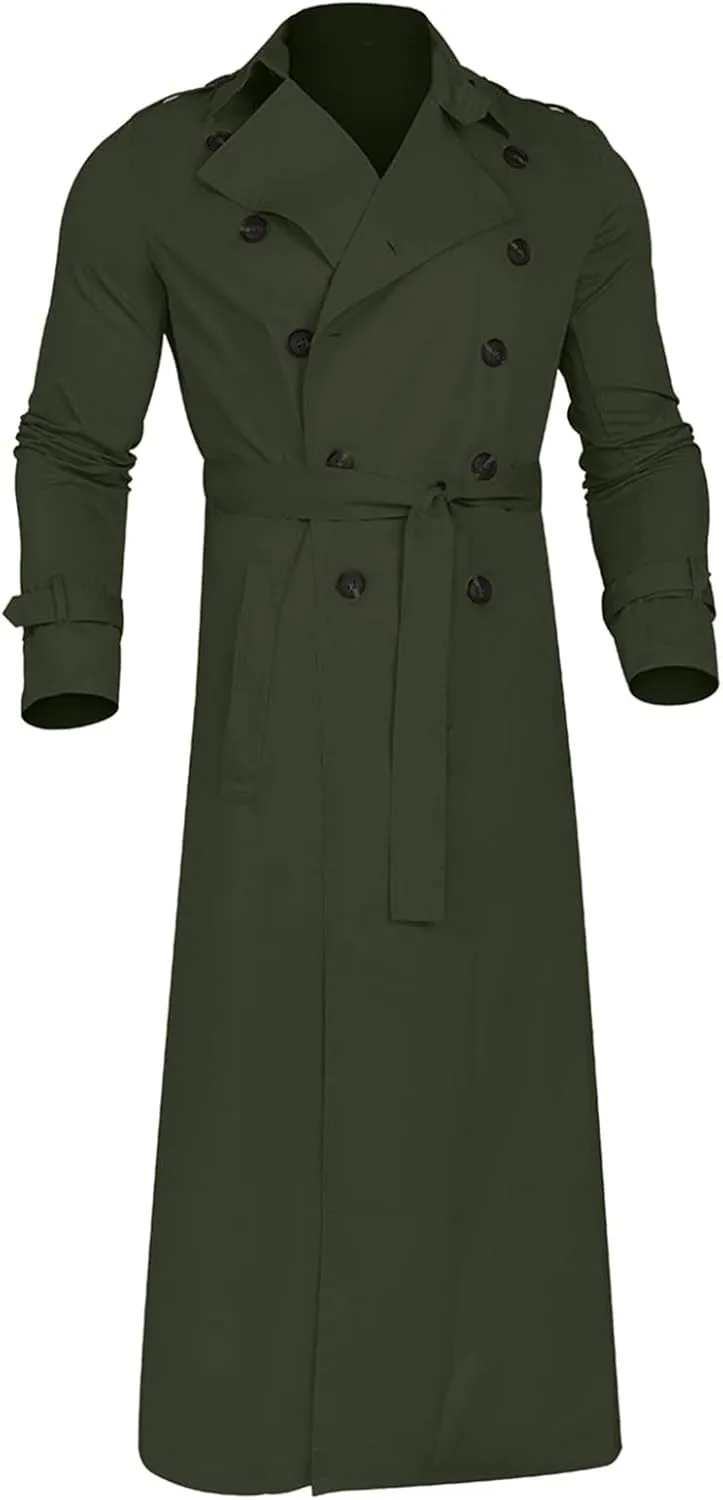 Mens Long Trench Coat Double Breasted Lightweight Windbreaker Casual Fall Winter Thermal Outdoor Jacket Overcoat