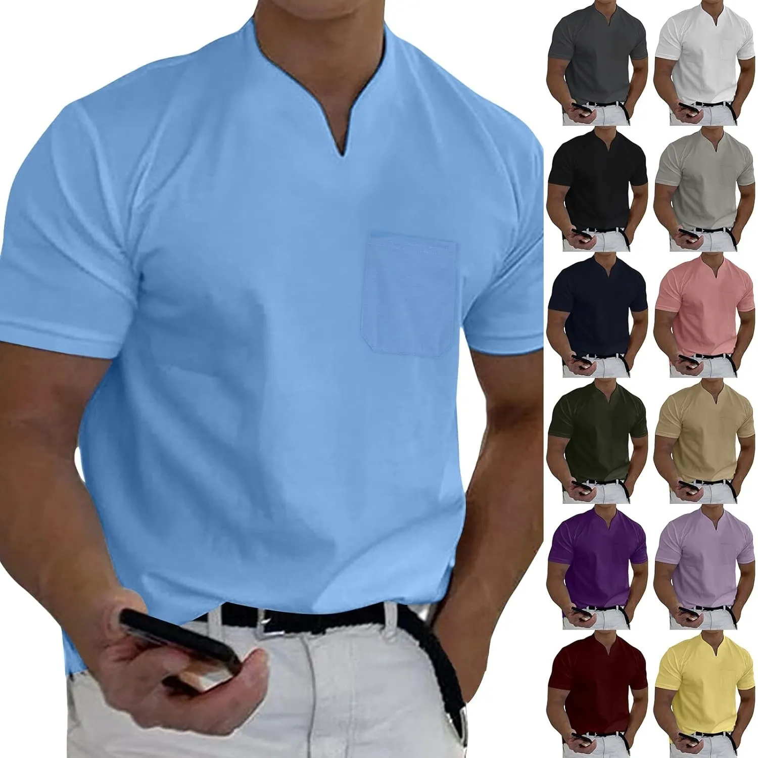 Mens Muscle Slim Fit T Shirts Short Sleeve Casual Business Work Shirts Fashion Fitness Muscle V Neck Gym Workout Tee Shirts
