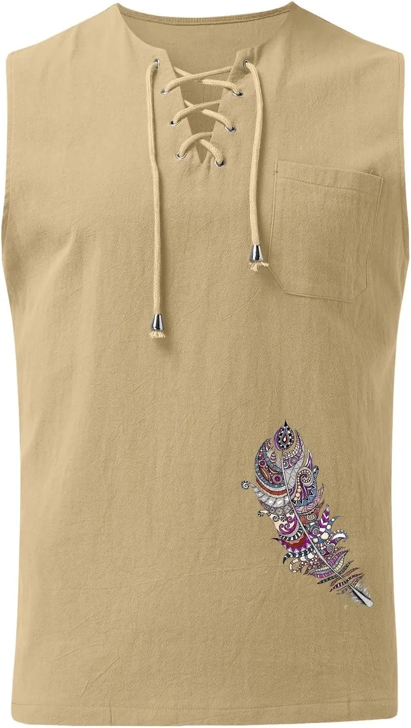 Mens Relaxed Fit Cotton Linen Tank Tops Lace Up V Neck Sleeveless Gym Workout Sport Fitness Vest Summer Beach Hippie Tops