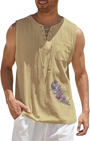 Mens Relaxed Fit Cotton Linen Tank Tops Lace Up V Neck Sleeveless Gym Workout Sport Fitness Vest Summer Beach Hippie Tops