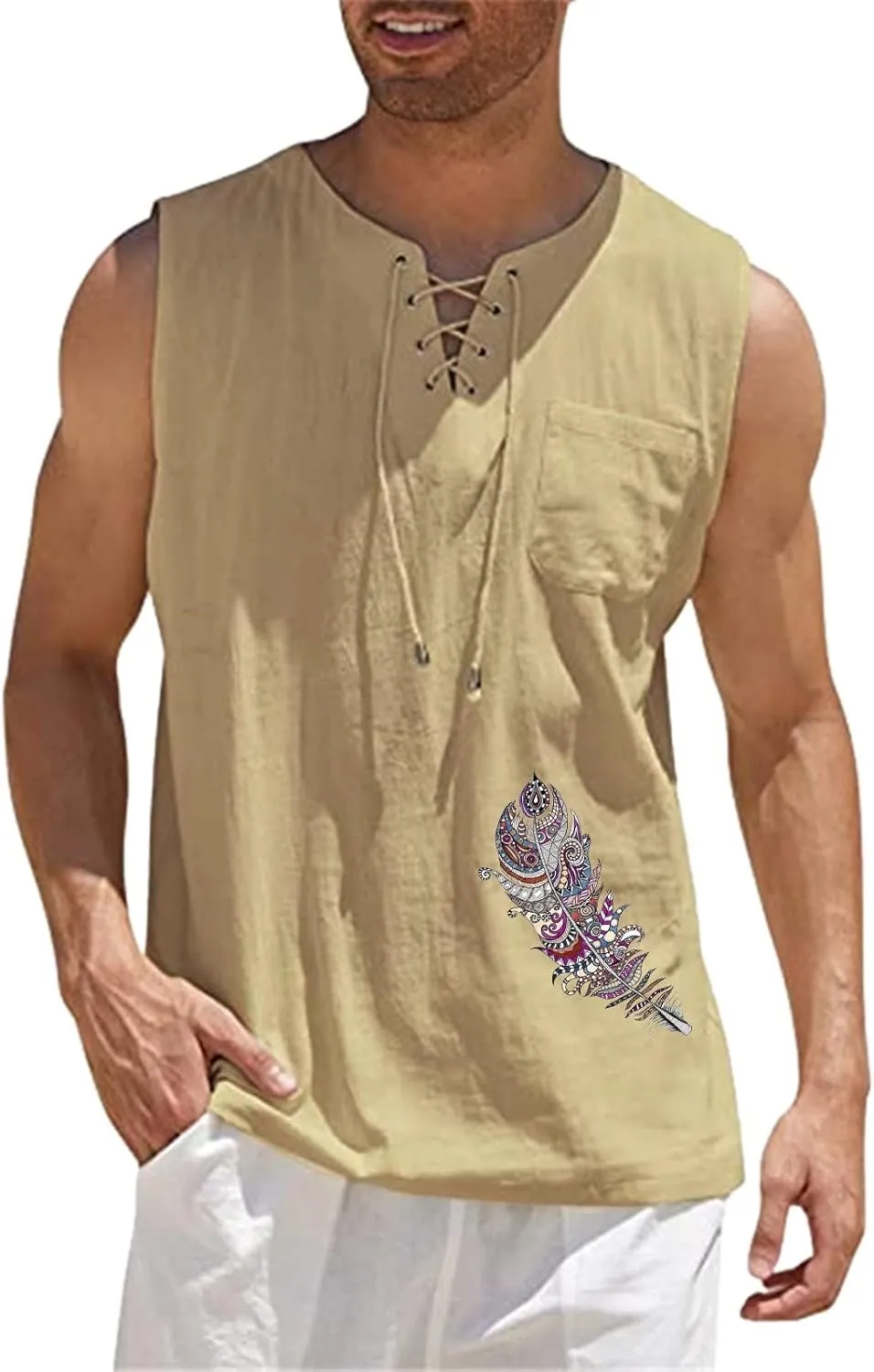Mens Relaxed Fit Cotton Linen Tank Tops Lace Up V Neck Sleeveless Gym Workout Sport Fitness Vest Summer Beach Hippie Tops