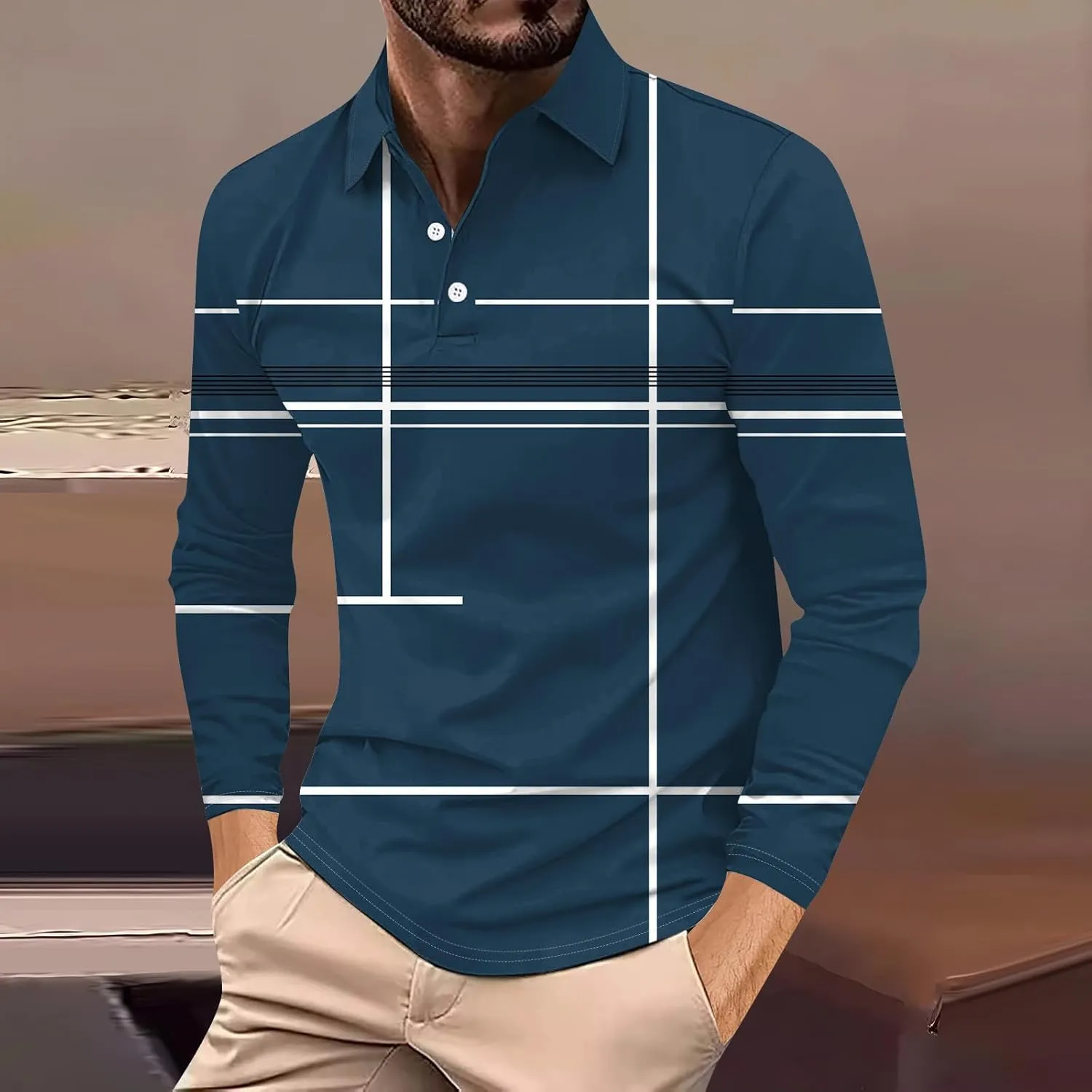 Mens Shirts for Button Trendy Graphic Slim Fashion Lapel Casual Long Sleeve Polo T Shirts