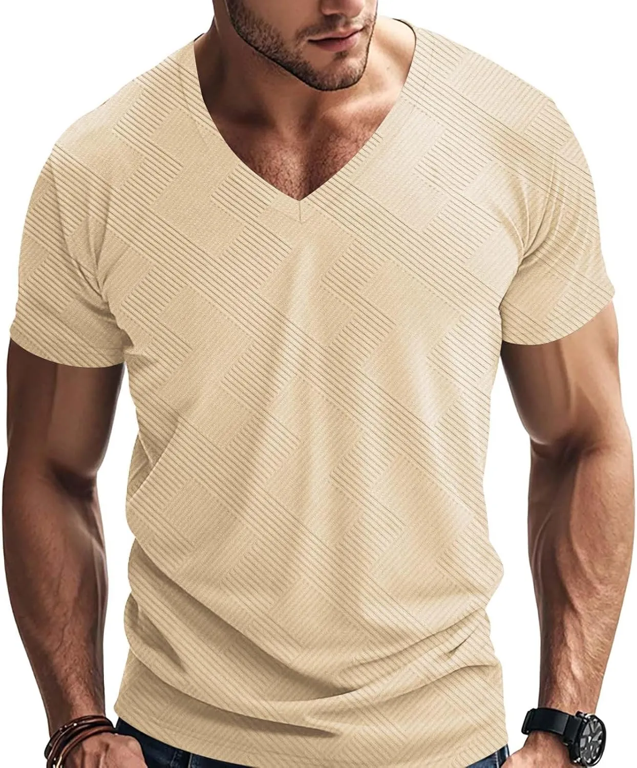 Men's Solid Fitness Sports Tshirt Textured Cotton Short Sleeve Summer V Neck Athletic Shirt Lightweight Basic Shirts