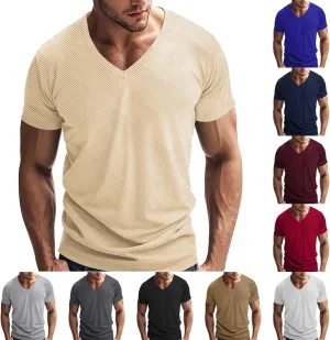 Men's Solid Fitness Sports Tshirt Textured Cotton Short Sleeve Summer V Neck Athletic Shirt Lightweight Basic Shirts