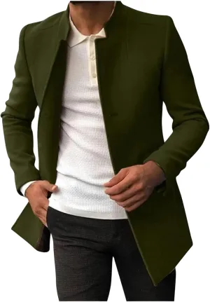 Mens Trench Coat Slim Fit Notched Collar Single Breasted Pea Coat Spring Warm Soft Overcoat Mid Long Wool Jacket Tops