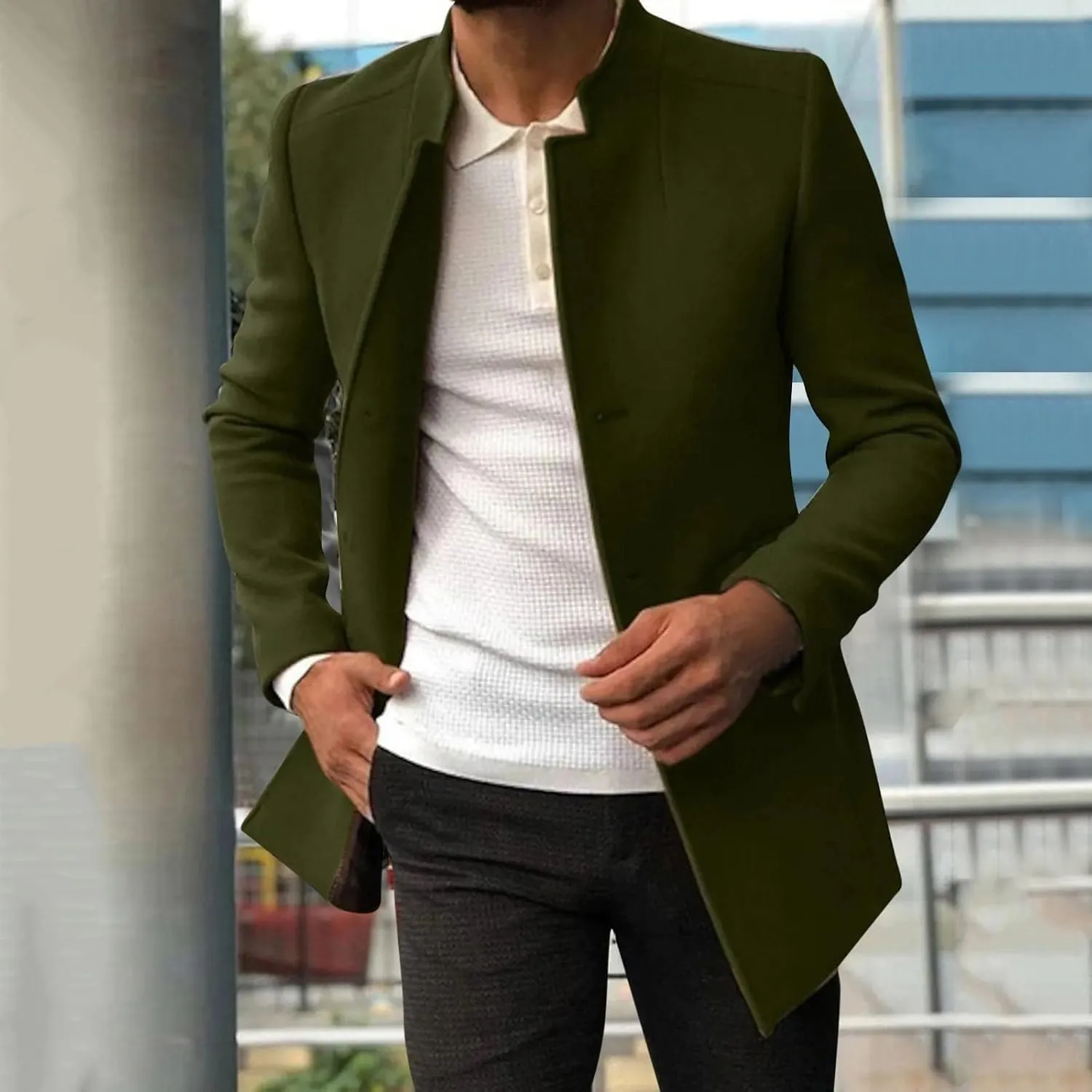 Mens Trench Coat Slim Fit Notched Collar Single Breasted Pea Coat Spring Warm Soft Overcoat Mid Long Wool Jacket Tops