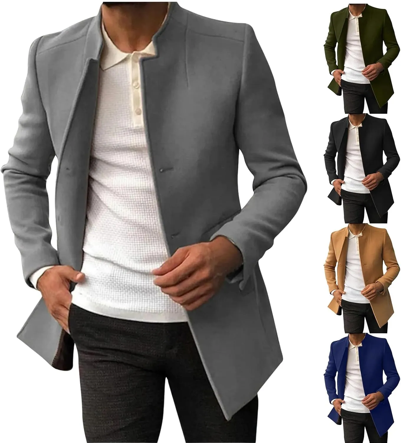 Mens Trench Coat Slim Fit Notched Collar Single Breasted Pea Coat Spring Warm Soft Overcoat Mid Long Wool Jacket Tops