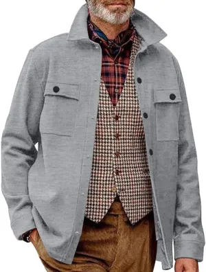 Men's Winter Trench Jacket Loose Fit Wool Blend Single Breasted Pea Coat Lapels Button Up Jacket Long Sleeve Polar Fleece