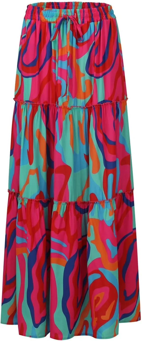Midi Skirt,Linen Womens Boho Maxi Skirt with Pockets Trendy Flowy Long Skirts for Women 2025 Elastic High Waisted