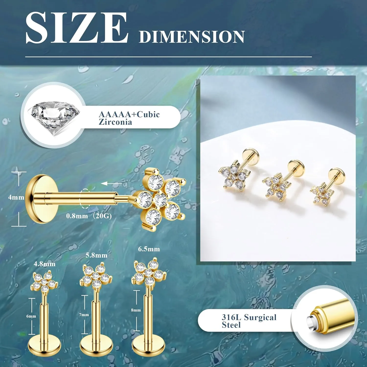 MILACOLATO 20G Threadless Flat Back Earrings Studs Hypoallergenic 316L Surgical Steel Push in Nose Rings 14K Gold Plated Nose Rings Studs Tragus Medusa Monroe Helix Labret Lip Nostril Cartilage Piercing Jewelry