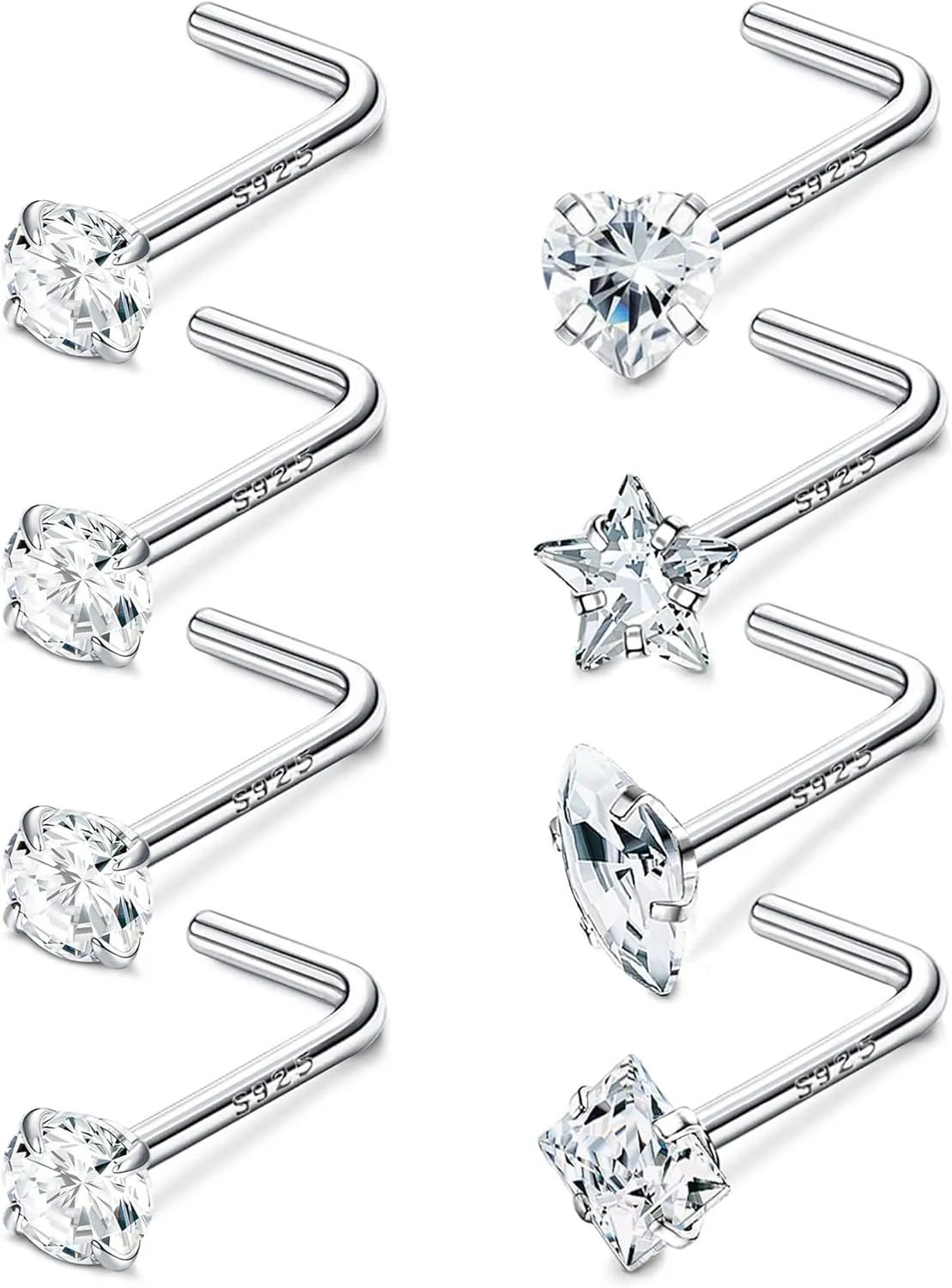 Milacolato 8Pcs 20G Sterling Silver Nose Rings Studs for Women Men Star Marquise Heart Square Round Shaped CZ Nose Stud L Shape Nose Ring Body Piercing Jewelry