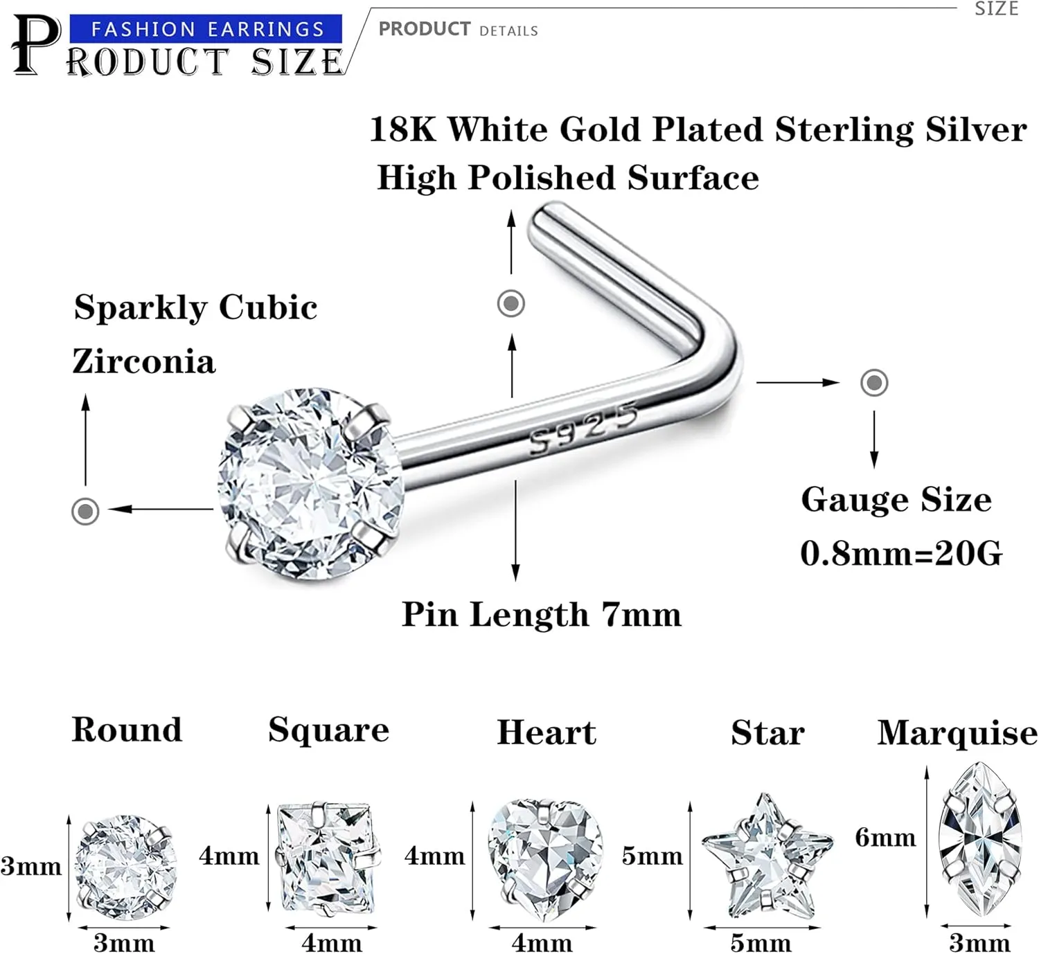 Milacolato 8Pcs 20G Sterling Silver Nose Rings Studs for Women Men Star Marquise Heart Square Round Shaped CZ Nose Stud L Shape Nose Ring Body Piercing Jewelry