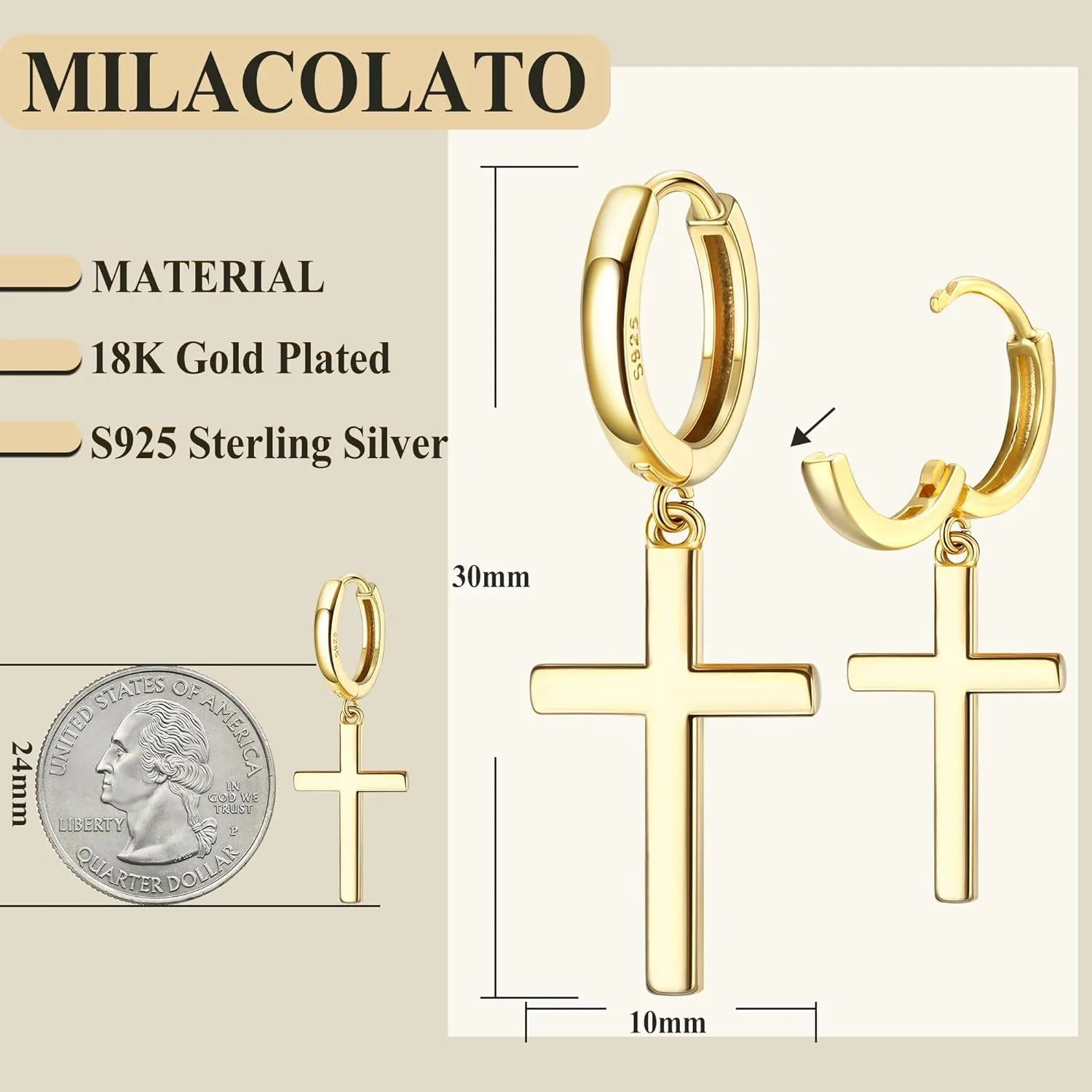 MILACOLATO 925 Sterling Silver Hoop Earrings for Women 18K Gold Silver Plated Drop Dangle Hoop Earrings with Charms Cross Spike Moon Star Paperclip Link Statement Earrings Convertible Link Huggie Earrings Hypoallergenic