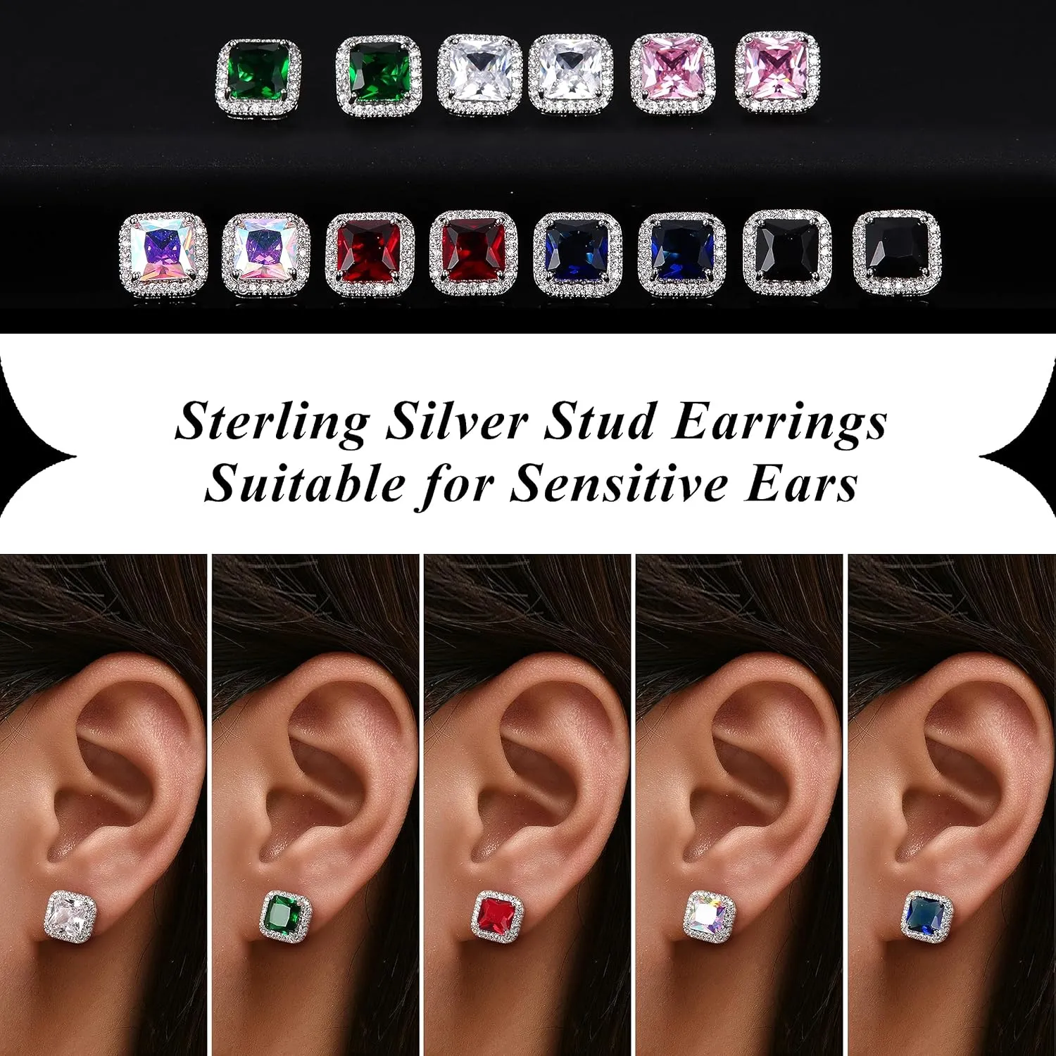 MILACOLATO Cubic Zirconia Stud Earrings 18K Gold Plated Sterling Silver Post Earrings 10MM Square Round Heart Simulated Diamond Halo Stud Earrings Rhinestone Dance Competition Earrings for Women Hypoallergenic
