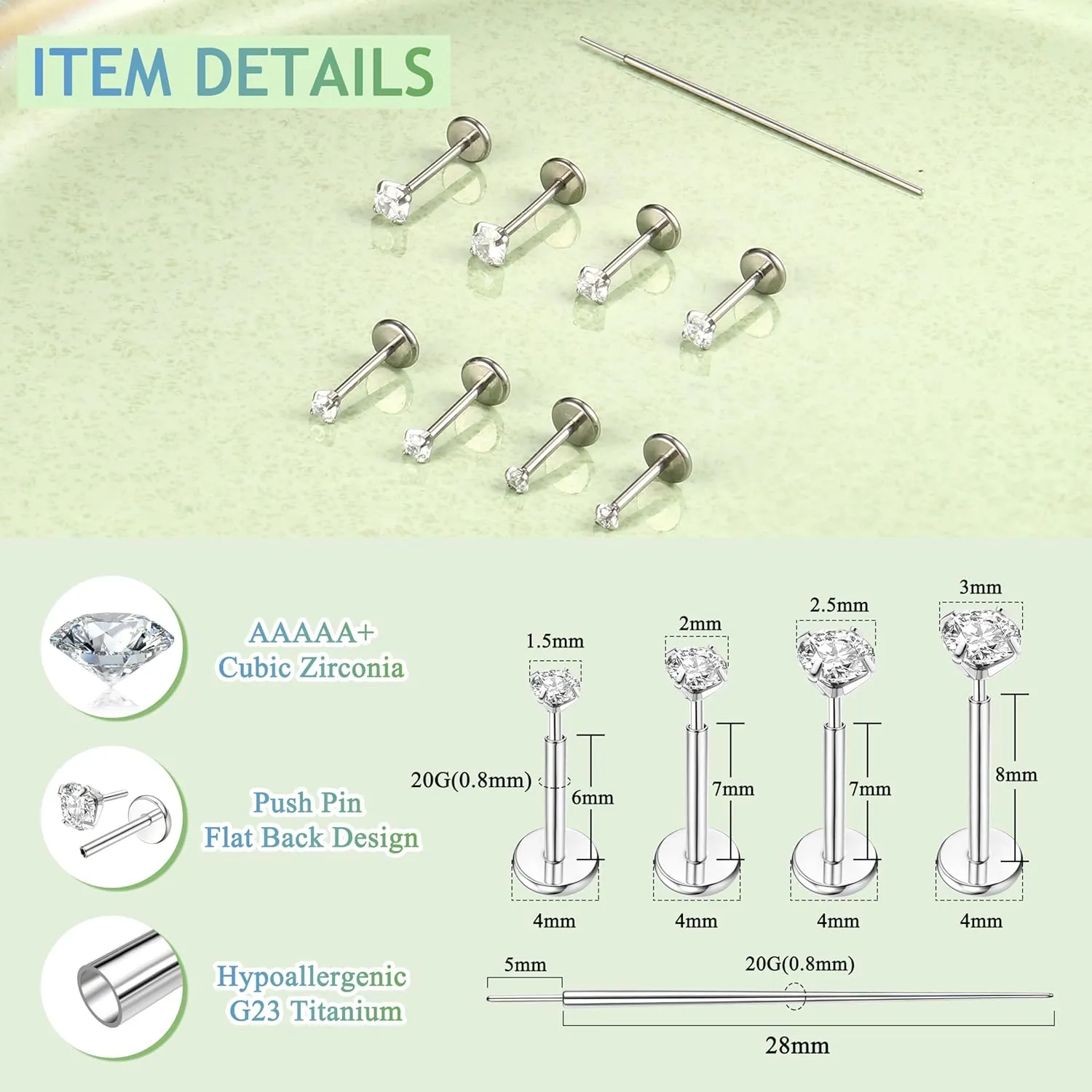 MILACOLATO G23 Titanium Threadless Flat Back Earrings Studs Hypoallergenic 14K Gold Filled Nose Rings Studs 20G/18G/16G Labret Studs Lip Ring Push in Helix Tragus Medusa Monroe Piercing Jewelry
