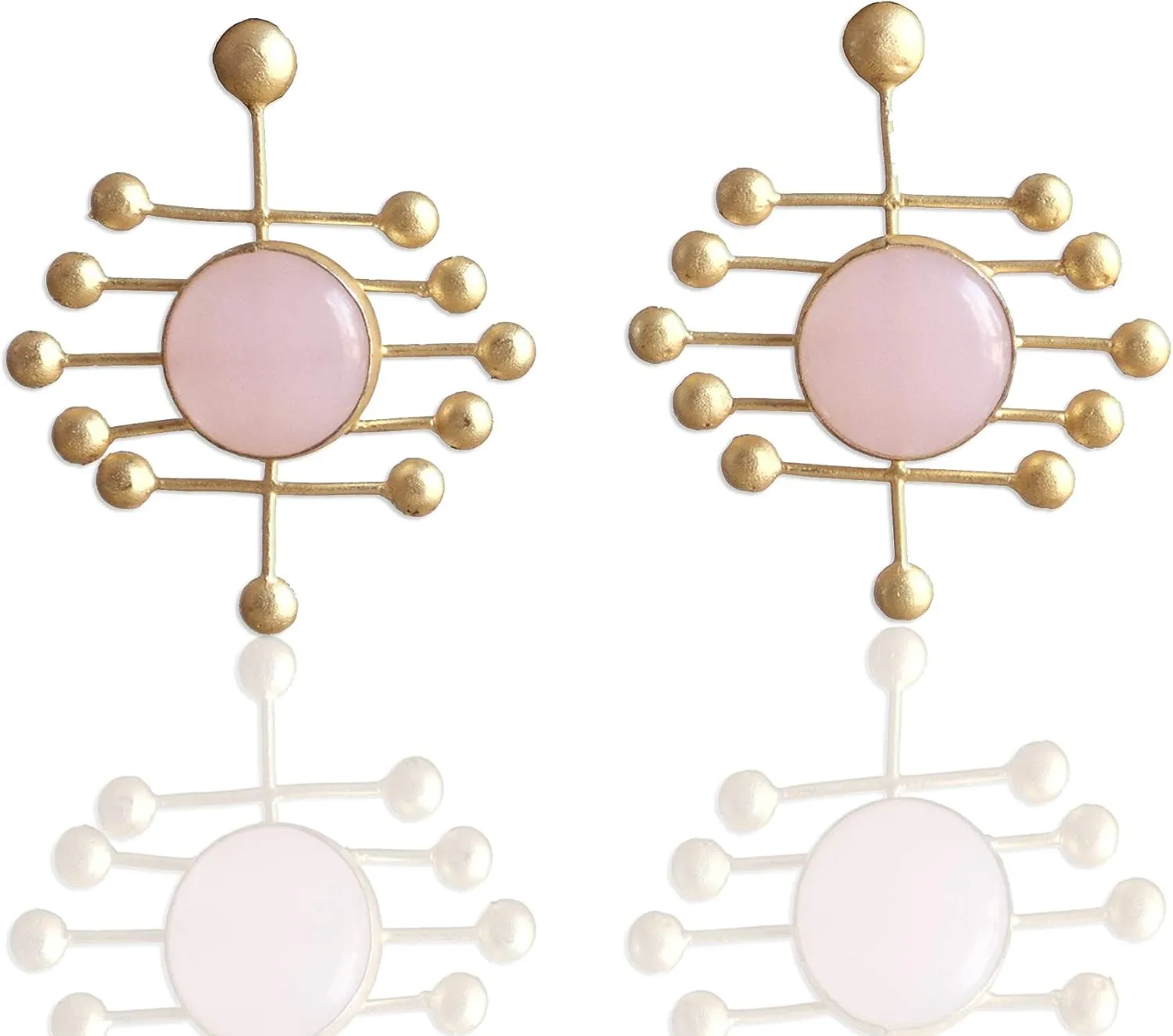 Modern 22K Gold Plated Natural Rose Quartz Cabochon Gemstone Post Dangle Earrings