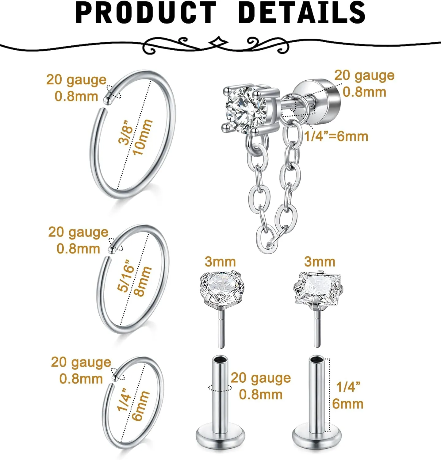 MODRSA Gold Cartilage Earring Silver Cartilage Piercing Jewelry 16g Helix Piercing Jewelry Cartilage Hoop Earring Helix Earrings Silver Cartilage Earring Stud 16 Gauge Cartilage Earrings for Women
