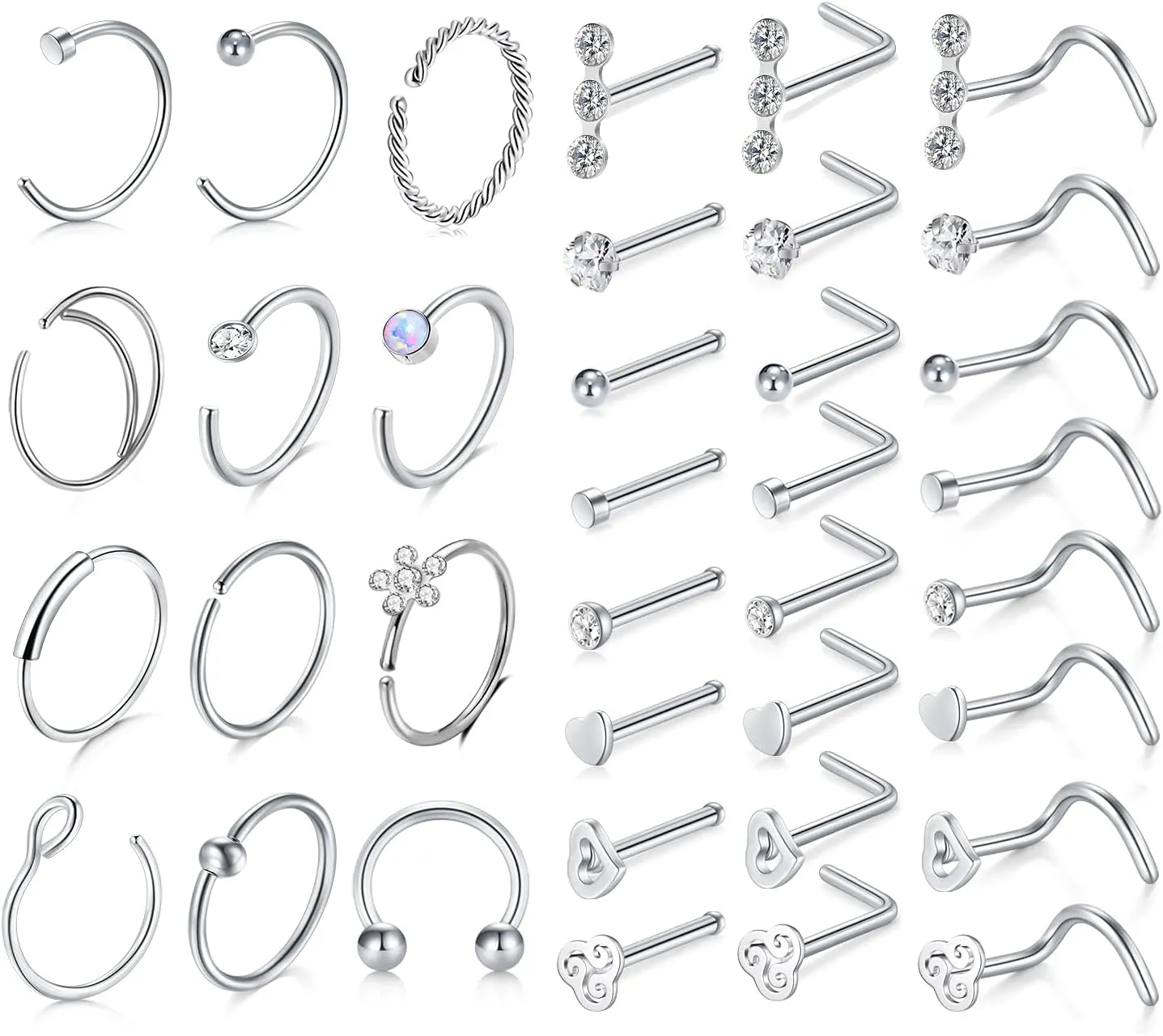 MODRSA Nose Rings - 20g Hoops & Studs in Surgical Steel & Silver Rose Gold
