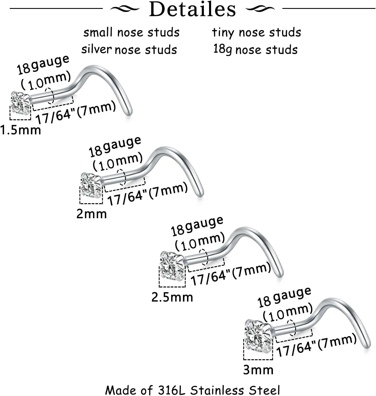 MODRSA Nose Studs 18g & 20g - L-Shaped Surgical Stainless Steel Diamond Studs for Women & Men - Corkscrew Nose Rings