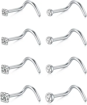 MODRSA Nose Studs 18g & 20g - L-Shaped Surgical Stainless Steel Diamond Studs for Women & Men - Corkscrew Nose Rings