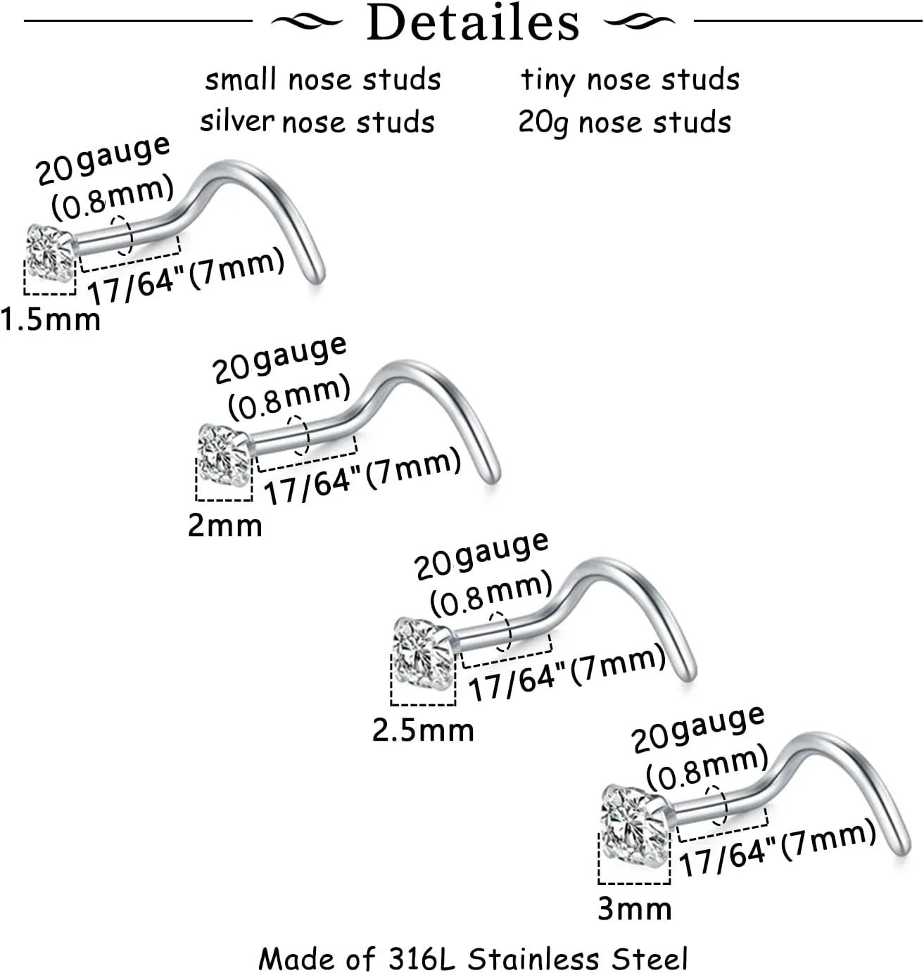 MODRSA Nose Studs 18g & 20g - L-Shaped Surgical Stainless Steel Diamond Studs for Women & Men - Corkscrew Nose Rings
