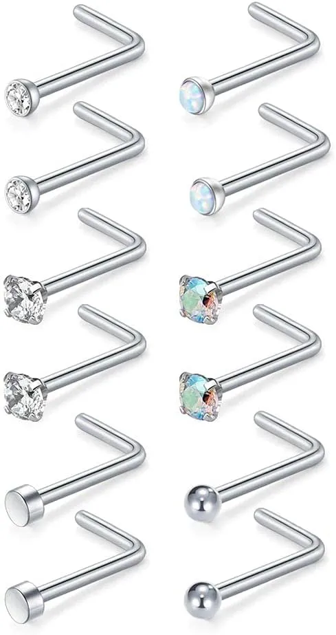 MODRSA Nose Studs 18g & 20g - L-Shaped Surgical Stainless Steel Diamond Studs for Women & Men - Corkscrew Nose Rings