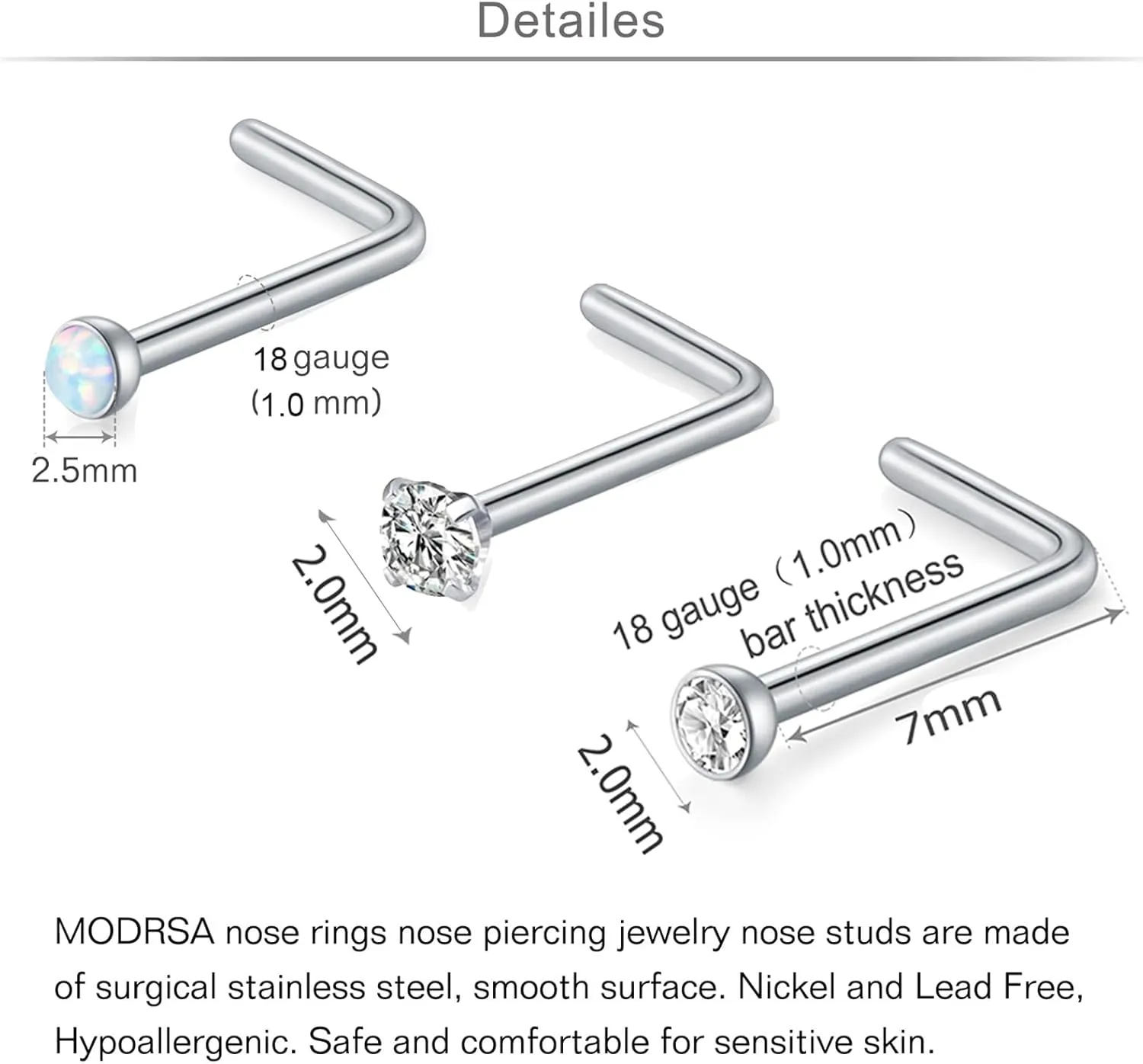 MODRSA Nose Studs 18g & 20g - L-Shaped Surgical Stainless Steel Diamond Studs for Women & Men - Corkscrew Nose Rings
