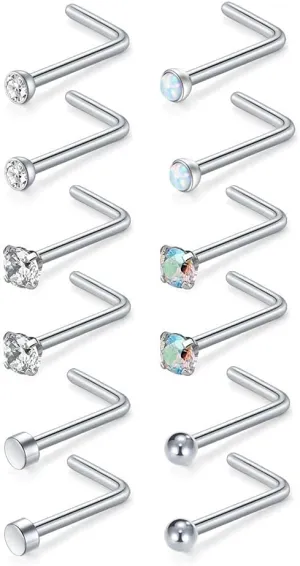 MODRSA Nose Studs 18g & 20g - L-Shaped Surgical Stainless Steel Diamond Studs for Women & Men - Corkscrew Nose Rings