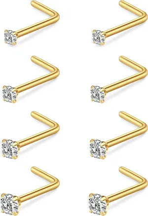 MODRSA Nose Studs 20g 22g Nose Stud L Shaped Diamond Nose Rings Stud for Women Surgical Steel Nose Rings Nose Screw Nose Piercing Stud Flower Heart Nostril Jewelry Silver Rose Gold