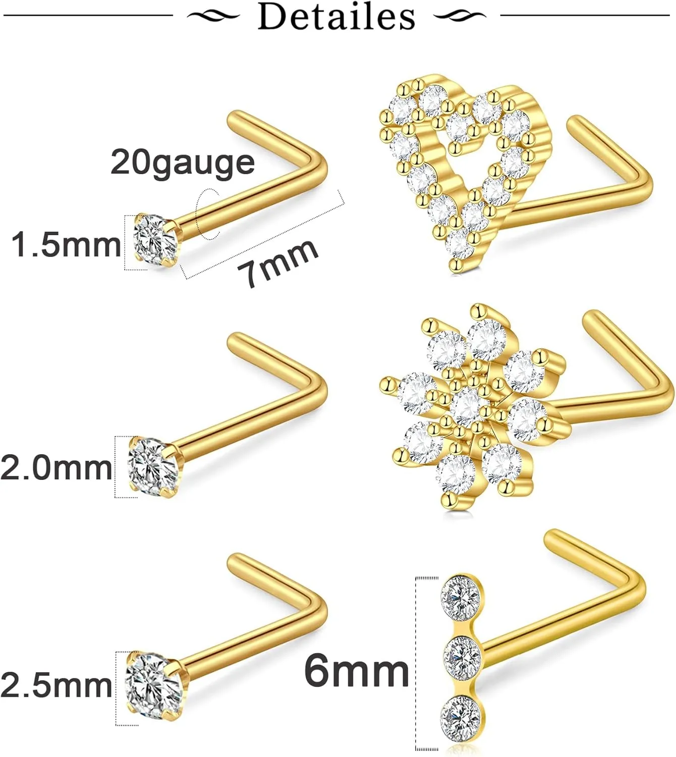 MODRSA Nose Studs 20g 22g Nose Stud L Shaped Diamond Nose Rings Stud for Women Surgical Steel Nose Rings Nose Screw Nose Piercing Stud Flower Heart Nostril Jewelry Silver Rose Gold