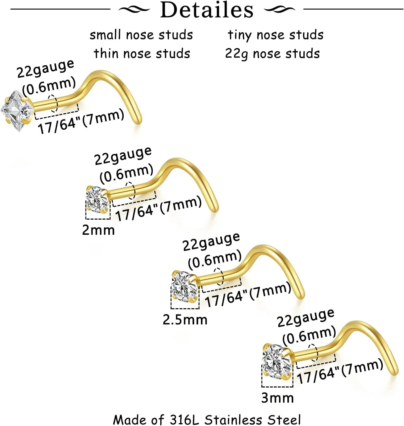 MODRSA Nose Studs 20g 22g Nose Stud L Shaped Diamond Nose Rings Stud for Women Surgical Steel Nose Rings Nose Screw Nose Piercing Stud Flower Heart Nostril Jewelry Silver Rose Gold