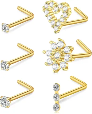 MODRSA Nose Studs 20g 22g Nose Stud L Shaped Diamond Nose Rings Stud for Women Surgical Steel Nose Rings Nose Screw Nose Piercing Stud Flower Heart Nostril Jewelry Silver Rose Gold