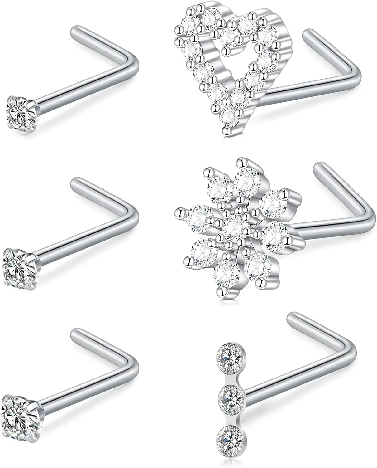 MODRSA Nose Studs 20g 22g Nose Stud L Shaped Diamond Nose Rings Stud for Women Surgical Steel Nose Rings Nose Screw Nose Piercing Stud Flower Heart Nostril Jewelry Silver Rose Gold
