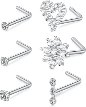 MODRSA Nose Studs 20g 22g Nose Stud L Shaped Diamond Nose Rings Stud for Women Surgical Steel Nose Rings Nose Screw Nose Piercing Stud Flower Heart Nostril Jewelry Silver Rose Gold