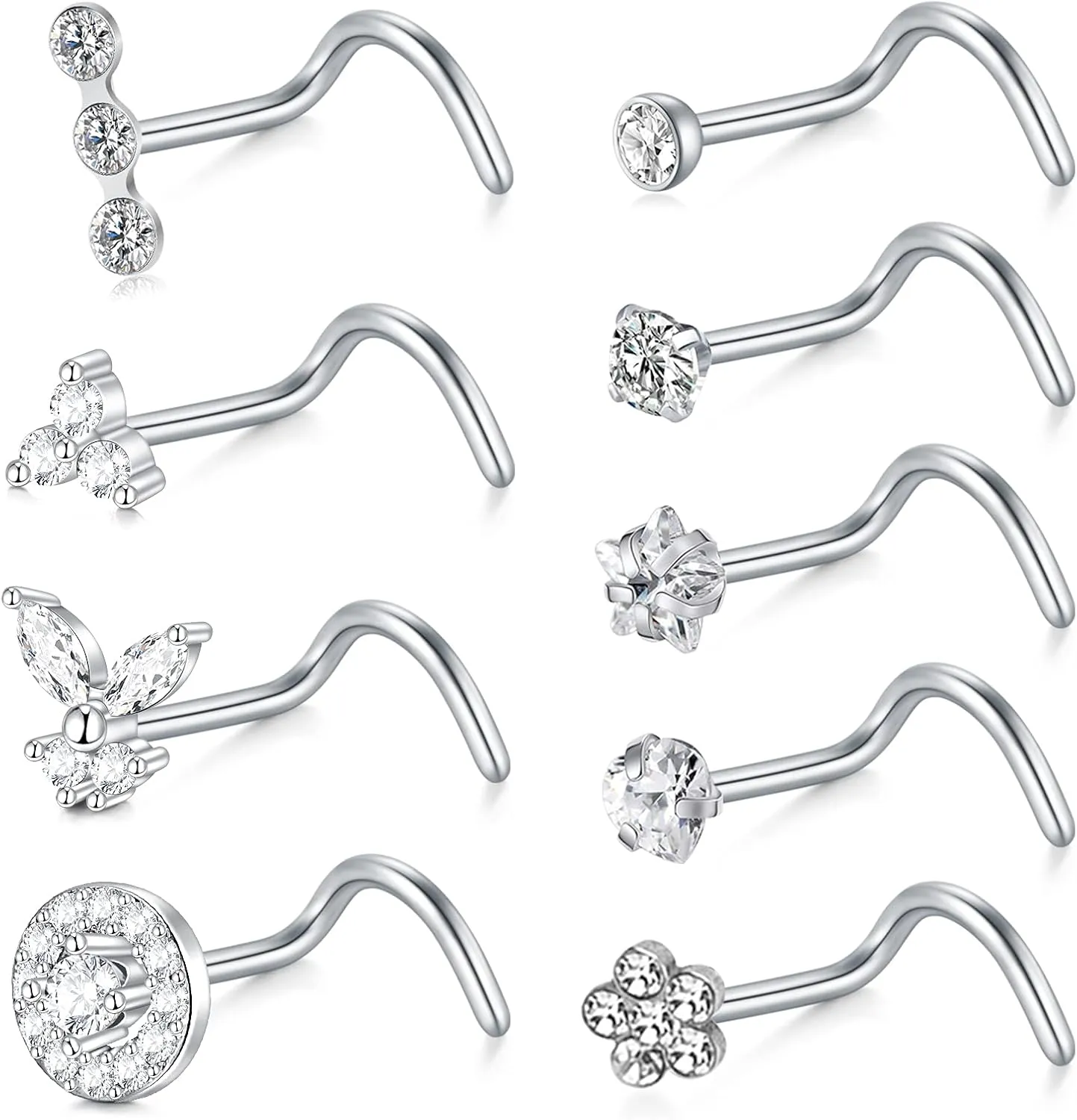 MODRSA Nose Studs 20g 22g Nose Stud L Shaped Diamond Nose Rings Stud for Women Surgical Steel Nose Rings Nose Screw Nose Piercing Stud Flower Heart Nostril Jewelry Silver Rose Gold