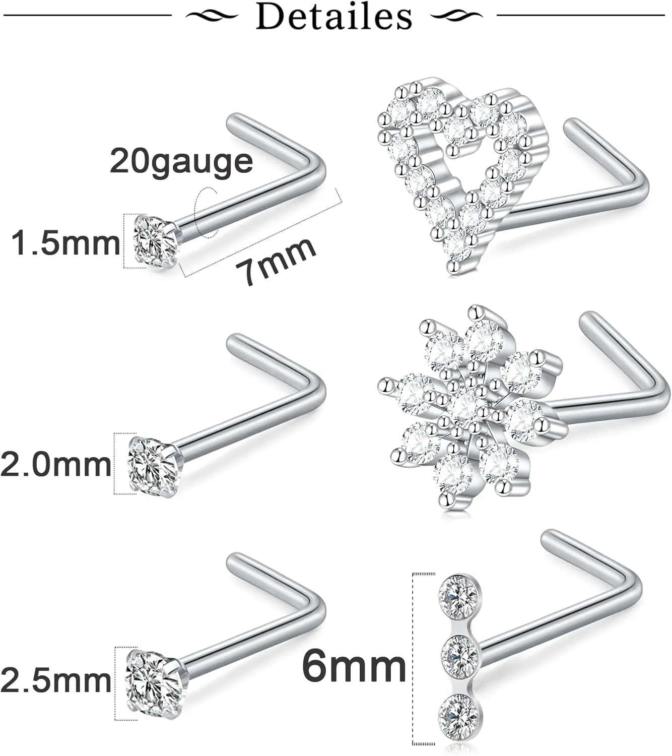 MODRSA Nose Studs 20g 22g Nose Stud L Shaped Diamond Nose Rings Stud for Women Surgical Steel Nose Rings Nose Screw Nose Piercing Stud Flower Heart Nostril Jewelry Silver Rose Gold