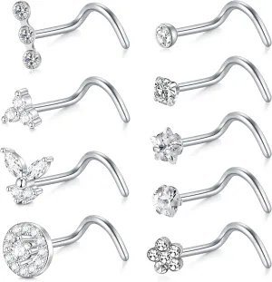 MODRSA Nose Studs 20g 22g Nose Stud L Shaped Diamond Nose Rings Stud for Women Surgical Steel Nose Rings Nose Screw Nose Piercing Stud Flower Heart Nostril Jewelry Silver Rose Gold