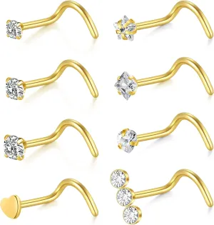 MODRSA Nose Studs 20g 22g Nose Stud L Shaped Diamond Nose Rings Stud for Women Surgical Steel Nose Rings Nose Screw Nose Piercing Stud Flower Heart Nostril Jewelry Silver Rose Gold
