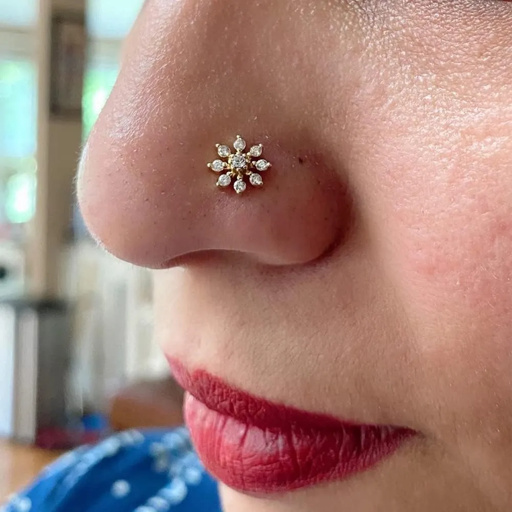 MODRSA Nose Studs 20g 22g Nose Stud L Shaped Diamond Nose Rings Stud for Women Surgical Steel Nose Rings Nose Screw Nose Piercing Stud Flower Heart Nostril Jewelry Silver Rose Gold
