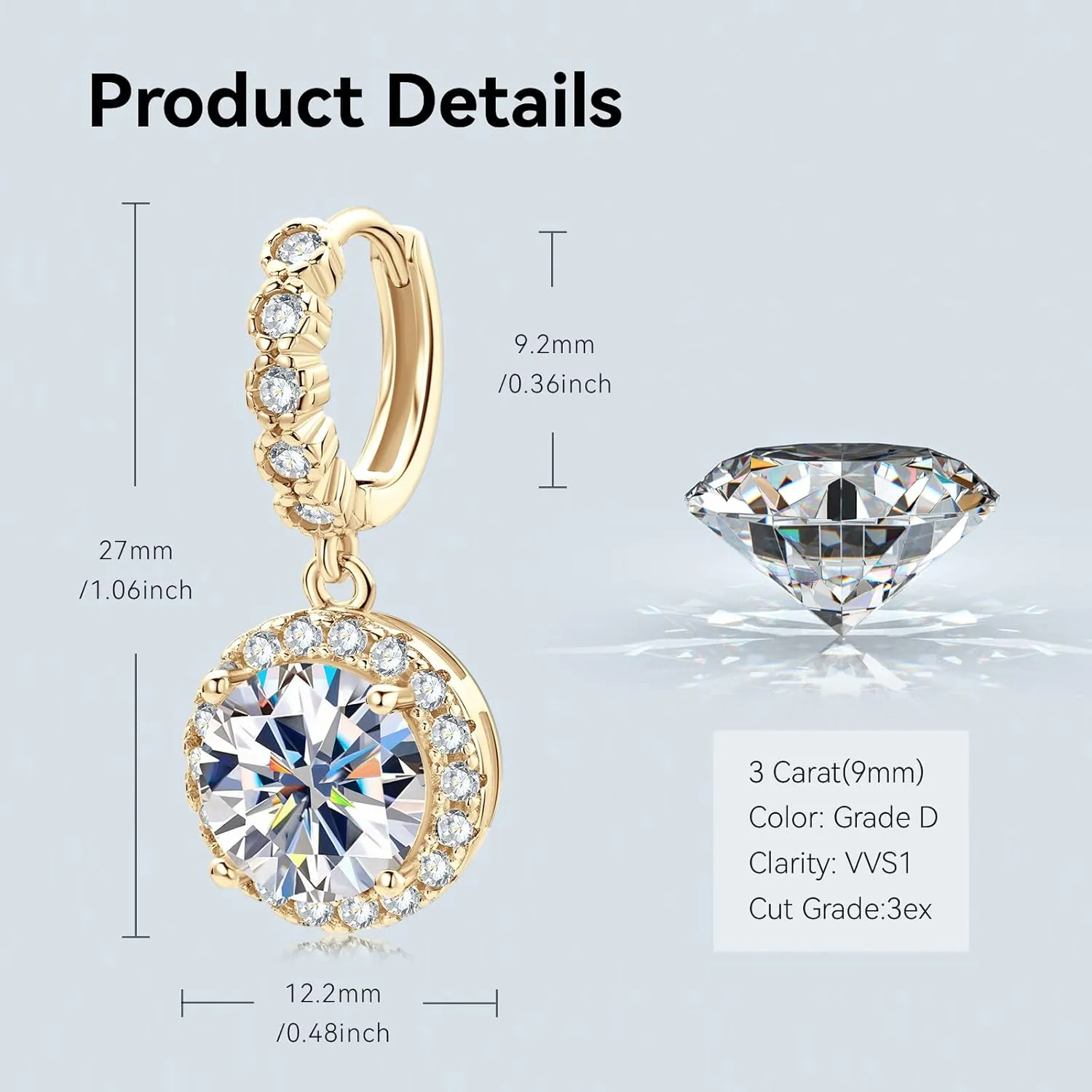 Moissanite Earrings, 925 Sterling Silver Dangle Earrings for Women, 1-3ct D-E Color VVS1 Moissanite Huggie Hoop Earrings for Sensitive Ears Hypoallergenic Christmas Jewelry Gifts