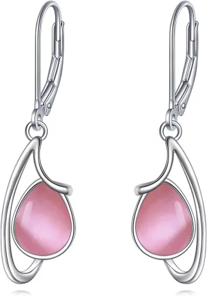 Moonstone/Larimar/Moss Agate/Pink Opal Earrings for Women Sterling Silver Gemstone Drop Earrings Leverback Earrings Jewelry Gifts for Girls