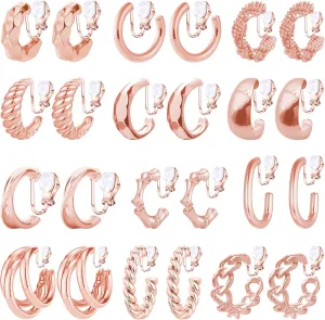 NEWITIN 12 Pairs Gold Clip On Hoop Earrings for Women Retro Chunky Hoop Earring Multiple No Piercing Fake Earring Clip On Earrings for Women