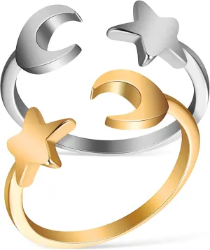 NOLITOY Jewelry Set 2 Pcs Star Moon Metal Rings Adjustable for Comfortable Fit