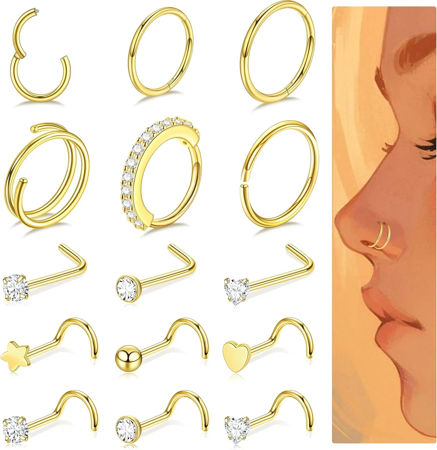 Nose Piercings Studs Hoop Nose Rings for Women Gold Plated